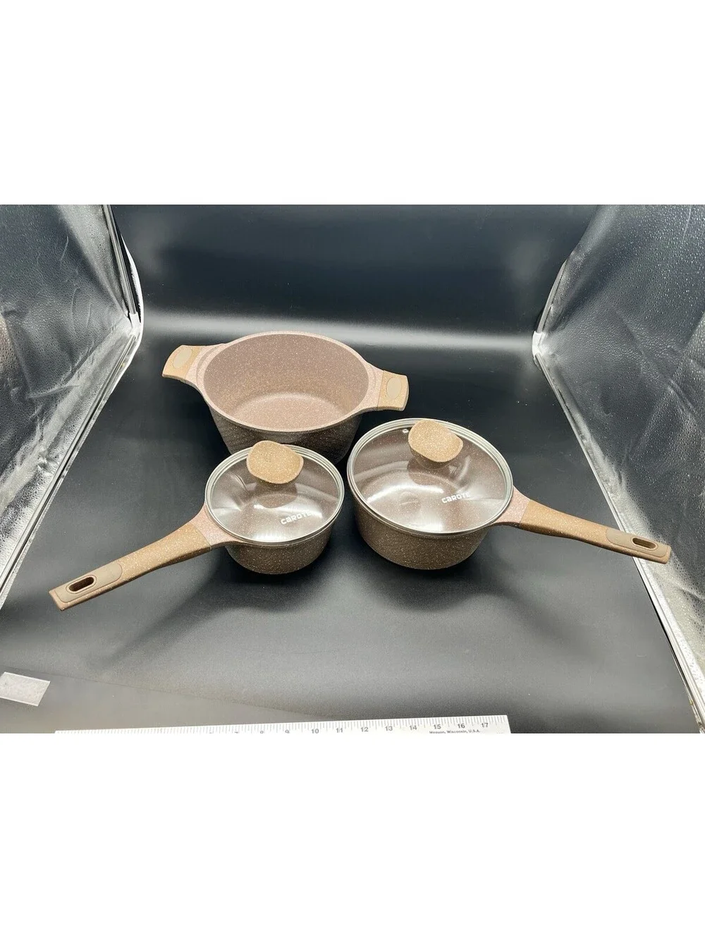 CAROTE Non-Stick Cookware Set, Granite Brown Speckled Saucepans Pots Dutch Crock